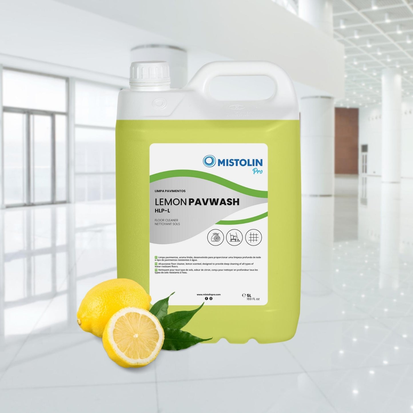 LEMON PAVWASH HLP-L LIMPA PAV LIMAO 5LT, é um detergente limpa pavimentos, aroma a limão, desenvolvido para proporcionar uma limpeza profunda de todo o tipo de pavimentos resistentes à água.