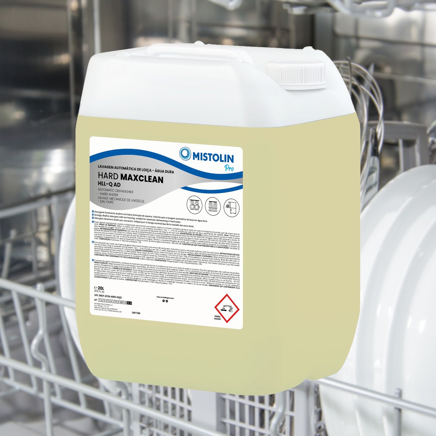 HARD MAXCLEAN HLL-Q AD DET.LAV.MECANICA LOIÇA 20LT, é um detergente fortemente alcalino com baixa formação de espuma, indicado para a lavagem automática de louça em água dura.