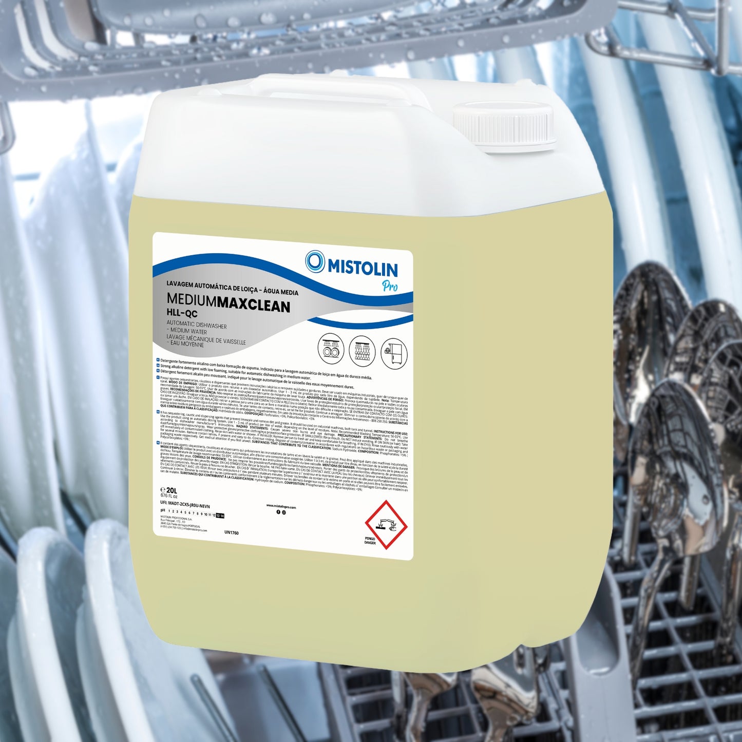 MEDIUM MAXCLEAN HLL-QC DET.LAV.MECANICA LOIÇA 20L, é um detergente fortemente alcalino com baixa formação de espuma, indicado para a lavagem automática de louça em água de dureza média.