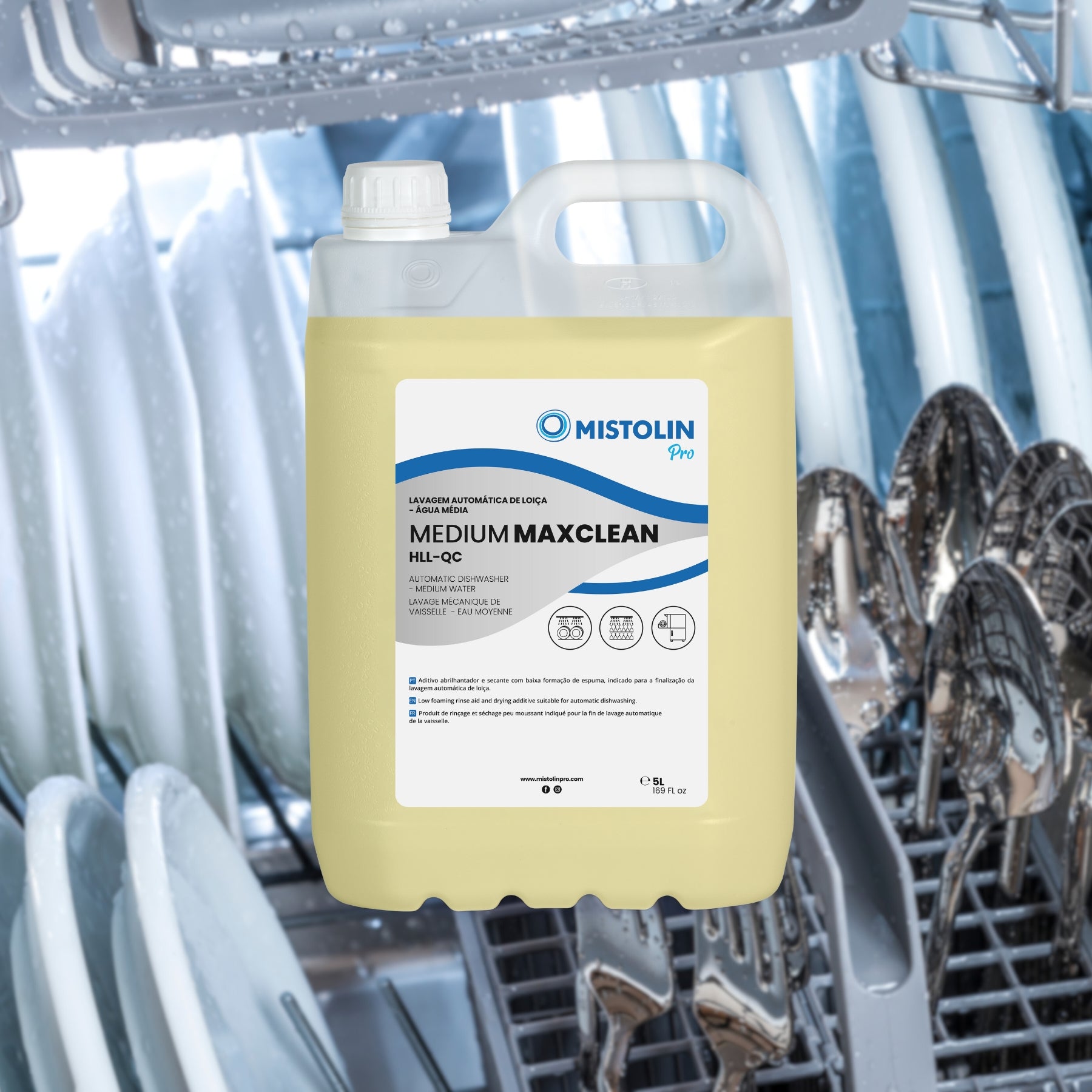 MEDIUM MAXCLEAN HLL-QC DET.LAV.MECANICA LOIÇA 5L, é um detergente fortemente alcalino com baixa formação de espuma, indicado para a lavagem automática de louça em água de dureza média.