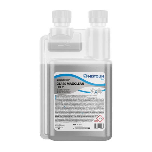 GLASS MAXCLEAN HLQ-V DET.LAV.MECANICA COPOS 1LT, é um detergente alcalino moderado com baixa formação de espuma, indicado para a lavagem mecânica de copos ou outros vidros.