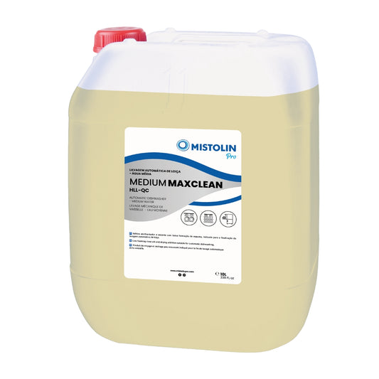 MEDIUM MAXCLEAN HLL-QC DET.LAV.MECANICA LOIÇA 10L, é um detergente fortemente alcalino com baixa formação de espuma, indicado para a lavagem automática de louça em água de dureza média.