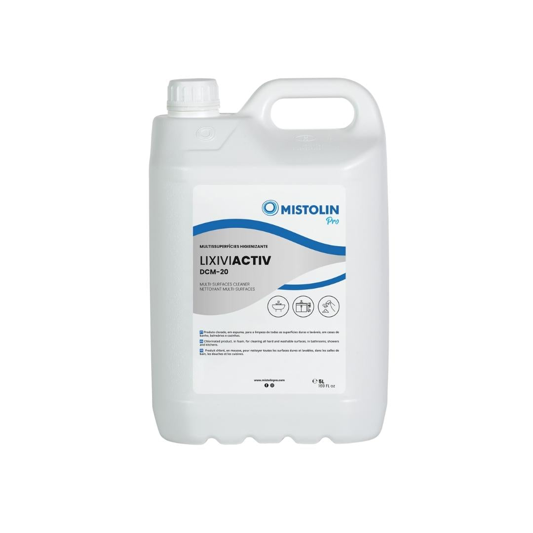 LIXIVIACTIV DCM-20 MULTISUP.HIGIENIZANTE 5L, é um produto clorado, em espuma, para a limpeza de todas as superfícies duras e laváveis, resistentes à água.
