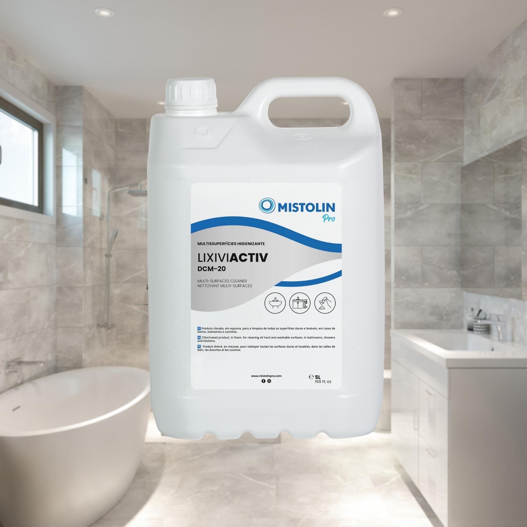 LIXIVIACTIV DCM-20 MULTISUP.HIGIENIZANTE 5L, é um produto clorado, em espuma, para a limpeza de todas as superfícies duras e laváveis, resistentes à água.