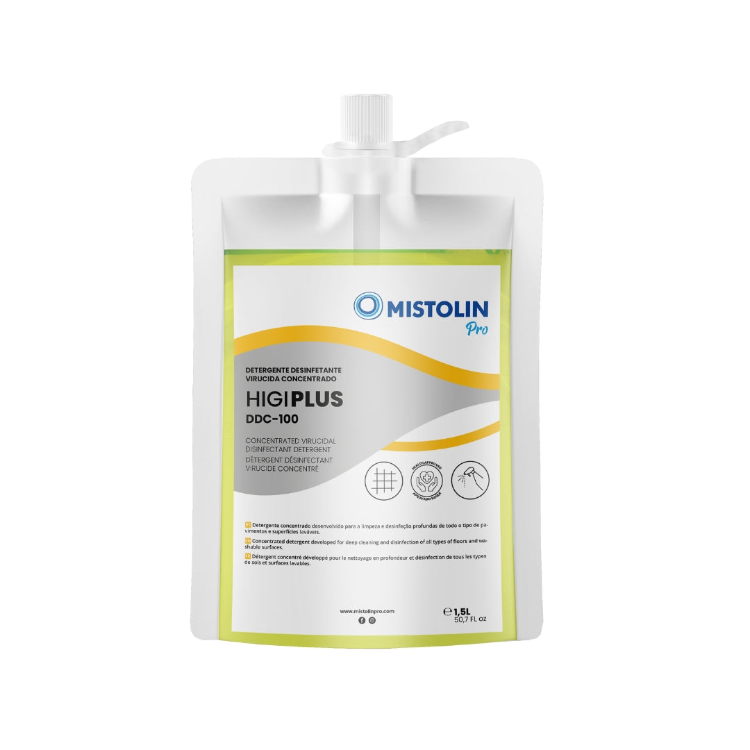 HIGIPLUS DDC-100 DET.DESINF.VIRUCIDA CONC.1.5LT, é um detergente concentrado desenvolvido para a limpeza e desinfeção profundas de todo o tipo de pavimentos e superfícies laváveis.