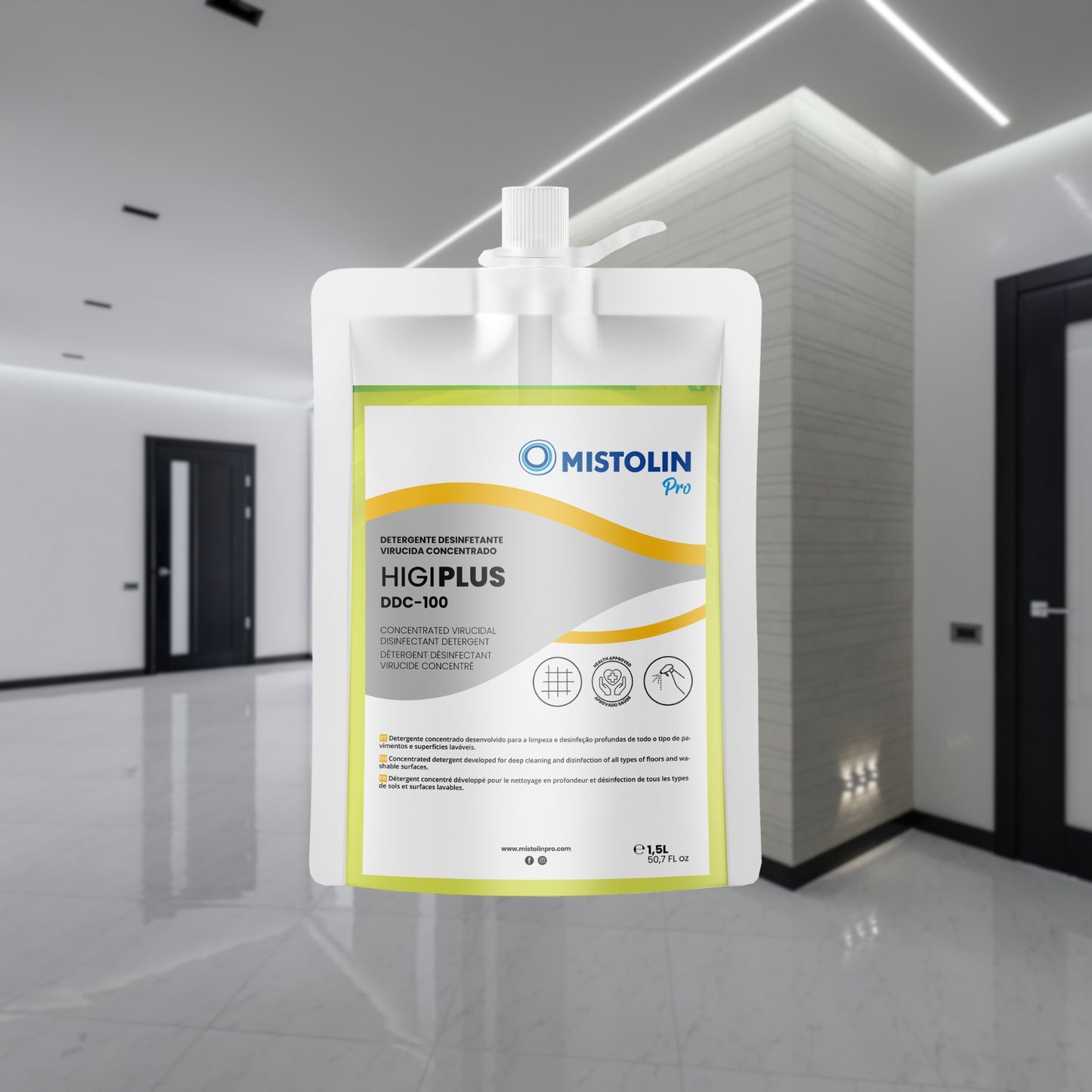 HIGIPLUS DDC-100 DET.DESINF.VIRUCIDA CONC.1.5LT, é um detergente concentrado desenvolvido para a limpeza e desinfeção profundas de todo o tipo de pavimentos e superfícies laváveis.