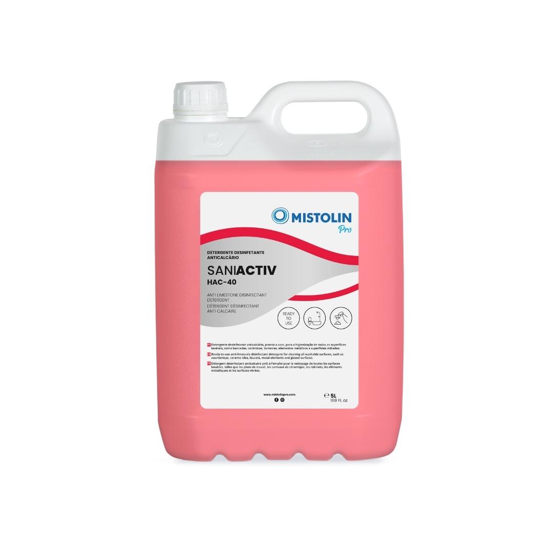 SANIACTIV HAC-40 DET.DESINF.ANTICALCARIO 5L, é um detergente desinfetante anticalcário, indicado para a limpeza de todas as superfícies laváveis das casas de banho.