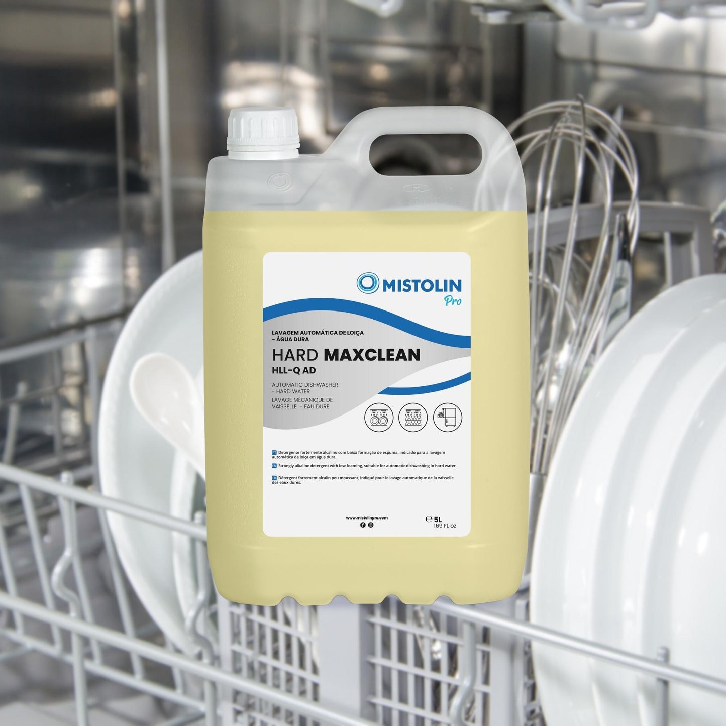 HARD MAXCLEAN HLL-Q AD DET.LAV.MECANICA LOIÇA 5LT, é um detergente fortemente alcalino com baixa formação de espuma, indicado para a lavagem automática de louça em água dura.