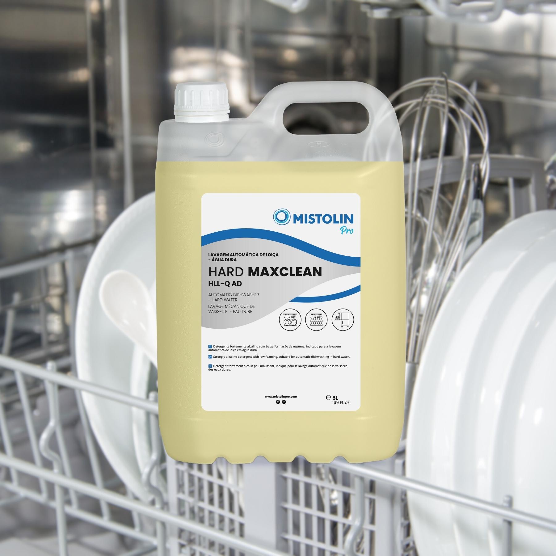 HARD MAXCLEAN HLL-Q AD DET.LAV.MECANICA LOIÇA 5LT, é um detergente fortemente alcalino com baixa formação de espuma, indicado para a lavagem automática de louça em água dura.
