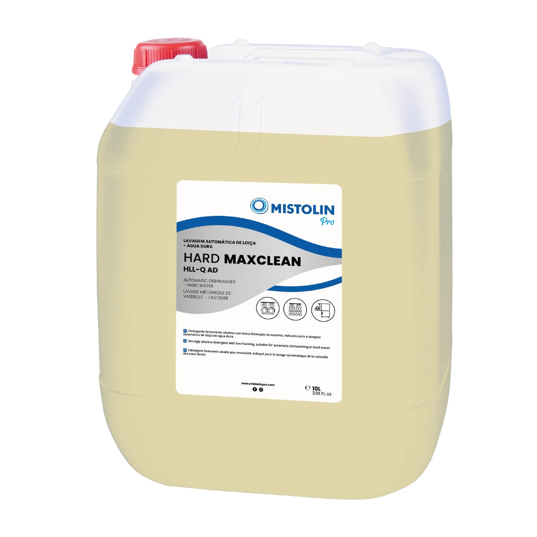 HARD MAXCLEAN HLL-Q AD DET.LAV.MECANICA LOIÇA 10LT, é um detergente fortemente alcalino com baixa formação de espuma, indicado para a lavagem automática de louça em água dura.