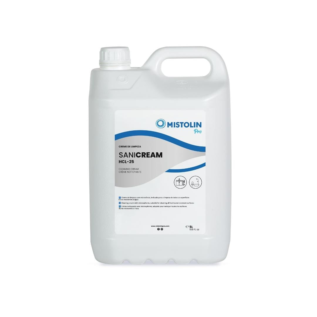 SANI CREAM HCL-25 CREME LIMPEZA WC 5LT é um creme de limpeza com microsferas, indicado para a limpeza de todas as loiças sanitárias.