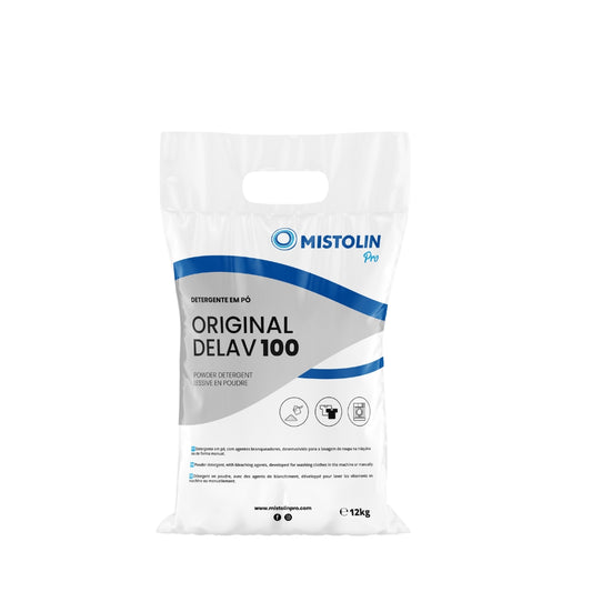 ORIGINAL DELAV-100 DETERGENTE PÓ 12KG, é um detergente em pó, atomizado, com agentes branqueadores, desenvolvido para a lavagem de roupa à máquina e à mão.