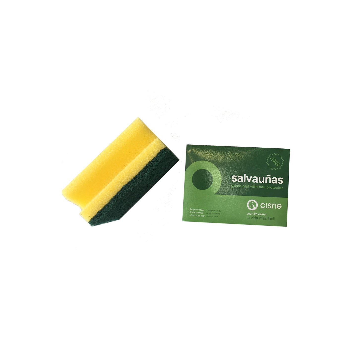 Esfregão salva unhas com esponja verde e amarela, de longa duração. Este formato permite uma limpeza eficaz, protegendo as suas mãos e unhas. 