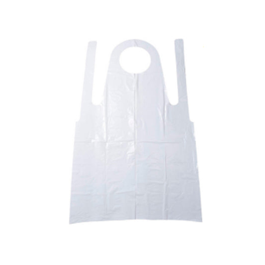 Avental PE branco, pescoço cortado, cintas integradas e cortadas adequado para contacto com alimentos, pelo regulamento da UE 10/2011.