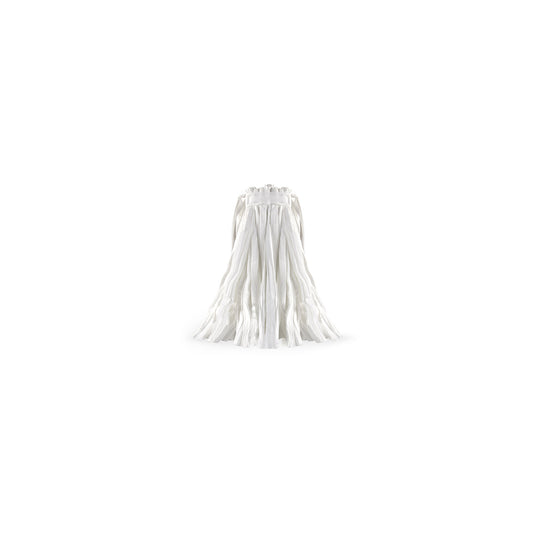 Mopa microfibra branca com tiras, em viscose, celulose e fibras sintéticas. Sistema mopa com pinça para ser usado com espremedor de mandíbulas ou plano. Ideal para limpar sujeiras residuais que necessitem de enxaguamento recorrente das fibras. 250GR